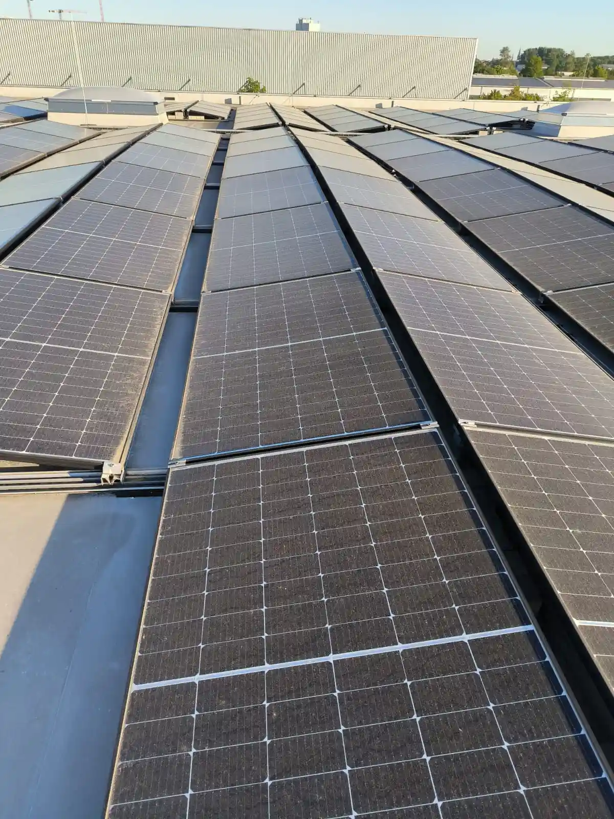 Verschmutzte PV-Module im Bereich Industrie vor der professionellen Reinigung